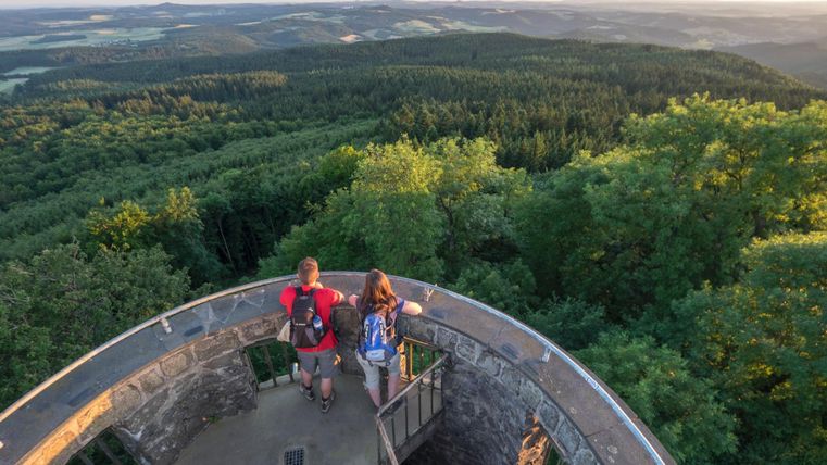 Ein Aussichtsturm mit zwei Personen, die die Weite der hügeligen Landschaft betrachten. Im Hintergrund sind dichte Wälder und ein klarer Himmel zu sehen.