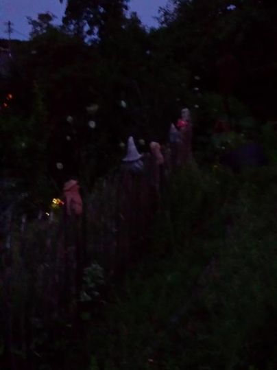 Ein verwunschener Garten in der Dämmerung mit mehreren Figuren, die an einem Zaun stehen. Umgeben von Pflanzen und schwachem Licht wirkt die Szene mystisch.