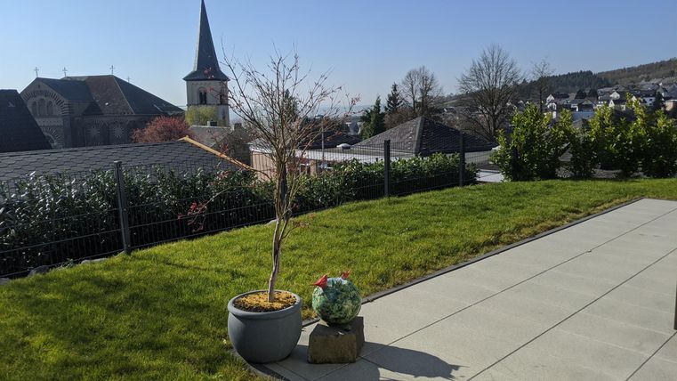 Ein schöner Garten mit grünem Rasen und Pflanzen in Töpfen. Im Hintergrund ist eine Kirche mit einem hohen Turm und ein klarer blauer Himmel zu sehen.