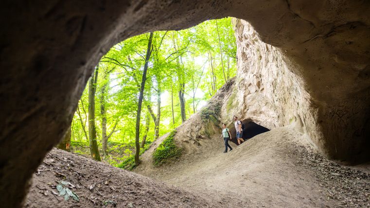 Zwei Personen stehen am Eingang einer Trasshöhle im Wald.