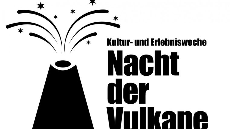 A logo for the "Night of Volcanoes" featuring a stylized volcano and sparkling stars. The text emphasizes the cultural and adventure-filled week.