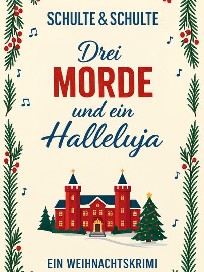 Een boekenomslag met de titel "Drie Moorden en een Halleluja". Het toont een rood kasteel omringd door dennen en feestelijke versiering.