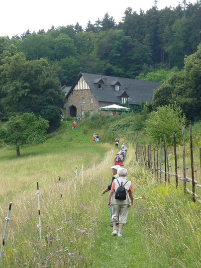 Eine Wandergruppe geht auf einem malerischen Weg durch die Natur. Im Hintergrund ist ein rustikales Haus und Bäume zu sehen.