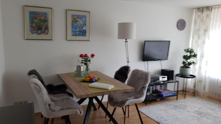 Ein gemütlicher Essbereich mit einem Holztisch und modernen Stühlen. An der Wand hängen zwei Bilder, und ein Fernseher steht in der Nähe.