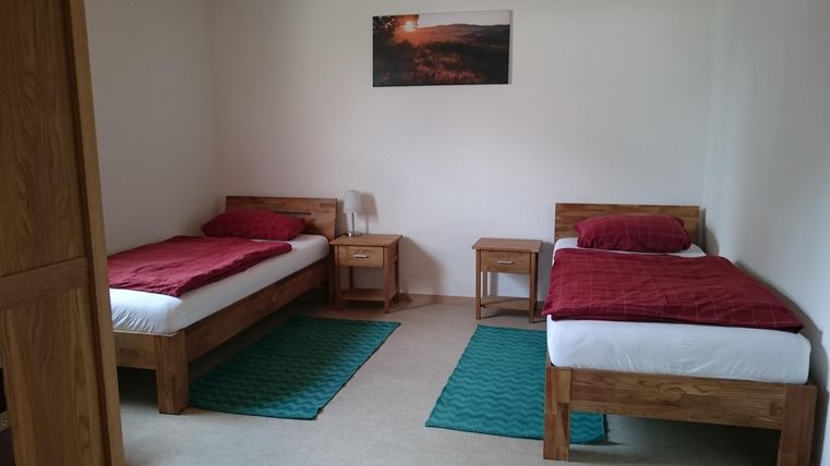 A simple room with two single beds and red blankets. A picture hangs on the wall, and the floor is covered with green carpets.
