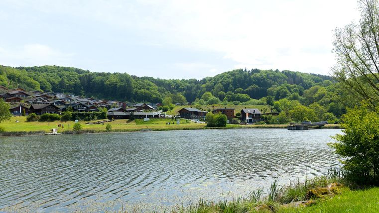 A tranquil landscape with a river, surrounded by trees and green meadows. In the background, traditional houses can be seen, blending harmoniously into nature.
