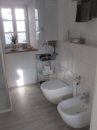 Ein modernes Badezimmer mit hellen Fliesen und einer Dusche. Die Einrichtung umfasst ein Wand-WC, ein Bidet und einen kleinen Tisch mit Pflanzen.