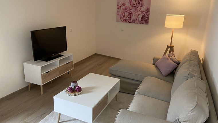 Ein modernes Wohnzimmer mit einem grauen Sofa, einem weißen Couchtisch und einem Fernseher. Eine Stehlampe und ein Bild mit Rosen ergänzen die gemütliche Atmosphäre.