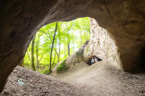 Eine schöne Höhle mit einem weichen Erdboden und grünen Bäumen im Hintergrund. Zwei Personen stehen am Eingang der Höhle und genießen die Natur.