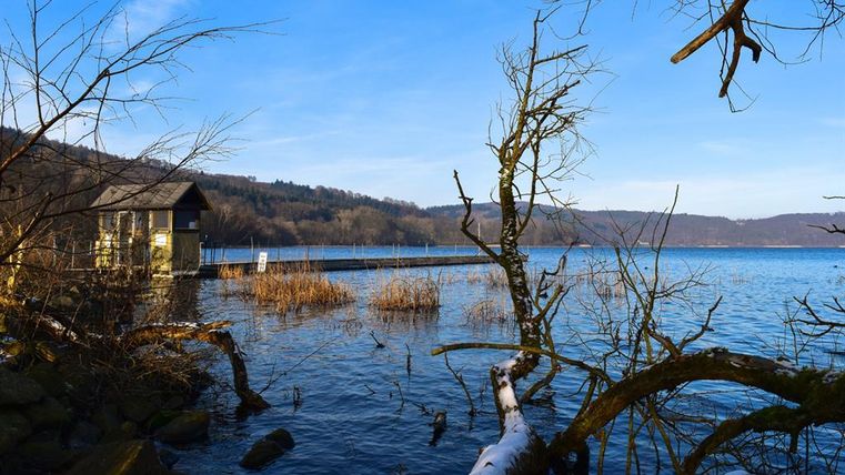 Eine ruhige Landschaft am Wasser mit einem kleinen Hause und kahlen Bäumen. Im Hintergrund erstreckt sich der See unter einem klaren blauen Himmel.