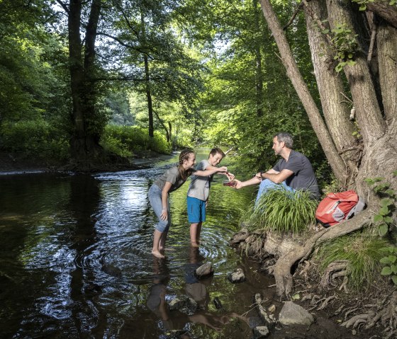 Eine Familie entspannt sich an einem Bach im Wald. Zwei Kinder stehen im Wasser, w&auml;hrend ein Erwachsener am Ufer sitzt. Ein roter Rucksack liegt daneben., &copy; kappest_remet