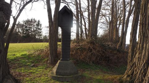 A dark, slender gravestone stands in a rural setting surrounded by trees. In the background, a green meadow can be seen.