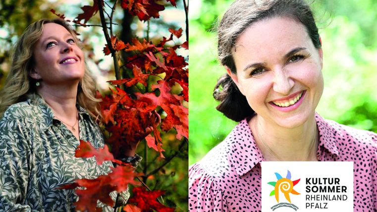Two women are smiling in nature, surrounded by colorful autumn leaves. On the right side, a logo of "Kultur Sommer Rheinland-Pfalz" is visible.