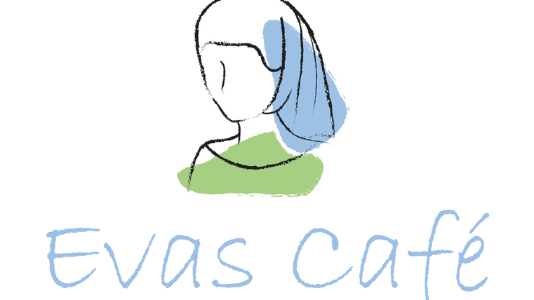 A simple, stylized logo of "Evas Café". It features an abstract female figure in soft colors and a modern design.