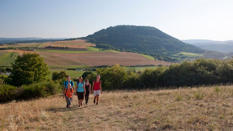 Eine Gruppe von Wanderern geht über eine Wiese mit Blick auf den bewaldeten Hochsimmer im Hintergrund.