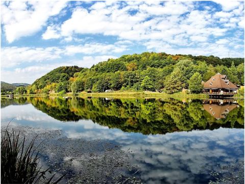 Ein ruhiger See, umgeben von üppigem Grün und buntem Herbstlaub. Der klare Himmel spiegelt sich wunderschön im Wasser wider.