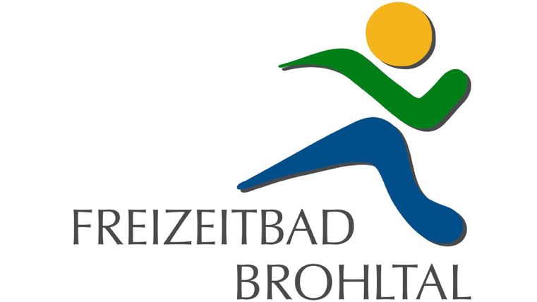 Ein farbenfrohes Logo des Freizeitbades Brohltal. Es zeigt eine stilisierte Figur in Bewegung.