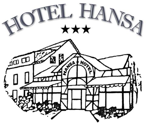 A drawn picture of the Hotel Hansa with a distinctive entrance. The hotel has three stars and an inviting architecture.
