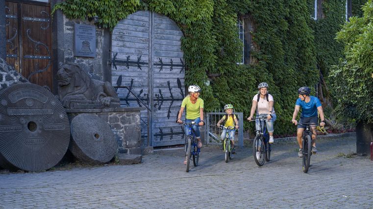 A family is riding bicycles along a paved path. In the background, green plants and old, rustic building gates can be seen.