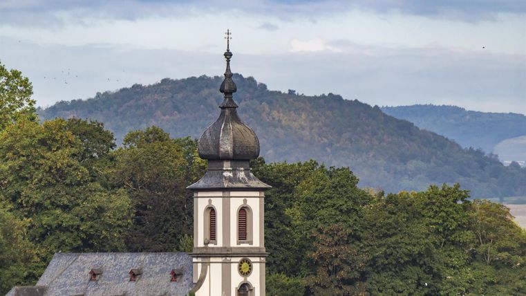 Eine malerische Kirche mit einem hohen Turm, umgeben von Bäumen. Im Hintergrund sind sanfte Hügel zu sehen.
