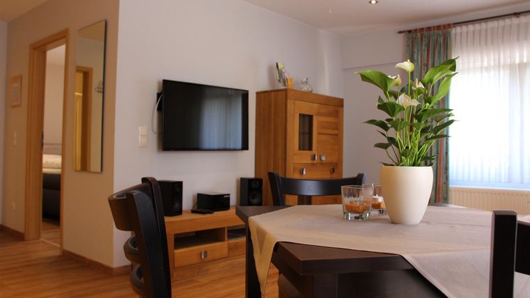 Ein helles Wohnzimmer mit einem Esstisch, Stühlen und einer großen Pflanze in einer Vase. Ein Fernseher und eine Holzkommode sind ebenfalls sichtbar.
