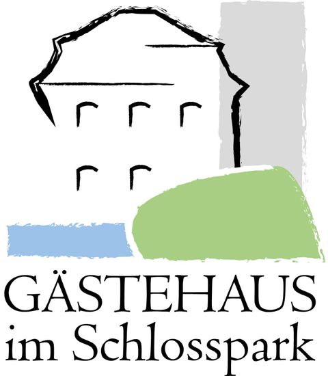 Ein einfaches Logo mit dem Text „Gästehaus im Schlosspark“. Es zeigt eine stilisierte Gebäudeskizze und farbige Flächen.
