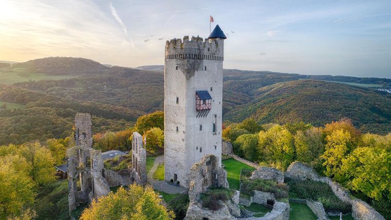 Eine alte Burg mit einem hohen Turm und umliegenden Ruinen. Die Umgebung ist von buntem Herbstwald und sanften Hügeln geprägt.