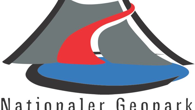 Logo of the Laacher See National Geopark. It features a stylized volcano and a lake in vibrant colors.
