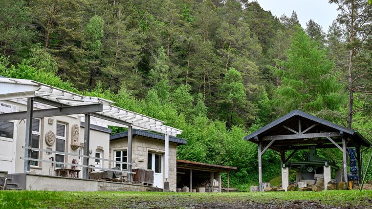 Ein modernes Haus inmitten von Bäumen, umgeben von grüner Natur. Neben dem Haus steht ein überdachter Sitzbereich.