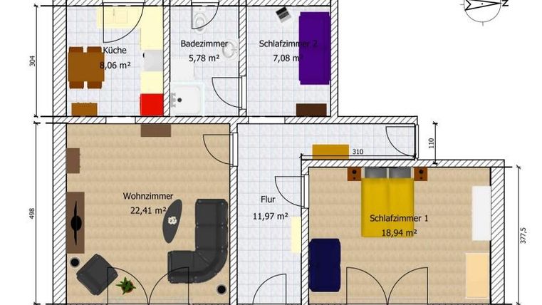 A floor plan drawing of an apartment with four rooms: kitchen, bathroom, living room, and bedroom. The rooms are well-proportioned and include area measurements.