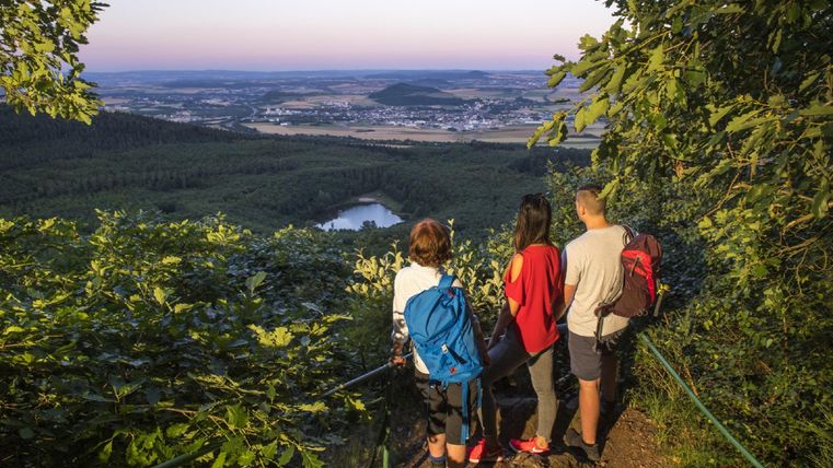 Eine Gruppe von Wanderern schaut von einem Aussichtspunkt auf eine grüne Landschaft mit einem See im Hintergrund. Die Stimmung ist entspannend und die Natur ist üppig.