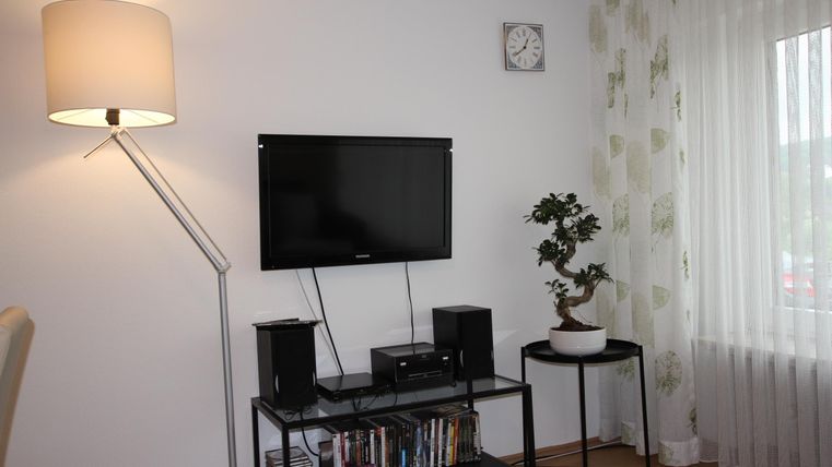 Ein gemütliches Wohnzimmer mit einem Fernseher, einem Bücherregal und einer modernen Stehlampe. Am Fenster hängen helle Vorhänge, und ein kleiner Pflanze steht auf einem Tisch.
