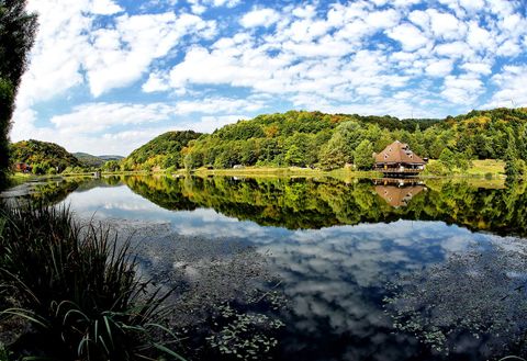 Ein ruhiger See mit klar reflektierenden Wassern und grünen Ufern. Im Hintergrund befindet sich ein hübsches Holzhaus unter einem blauen Himmel mit Wolken.