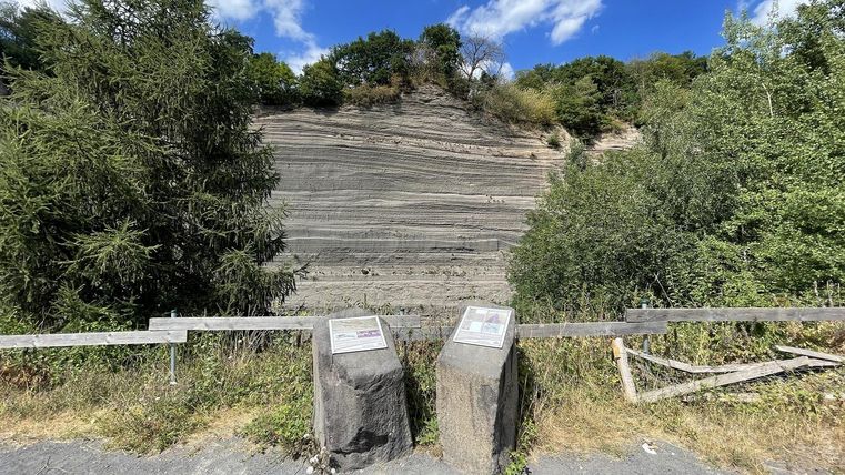 Eine geologische Formation mit sichtbaren Schichten im Gestein. Im Vordergrund stehen zwei Informationstafeln zwischen Bäumen.