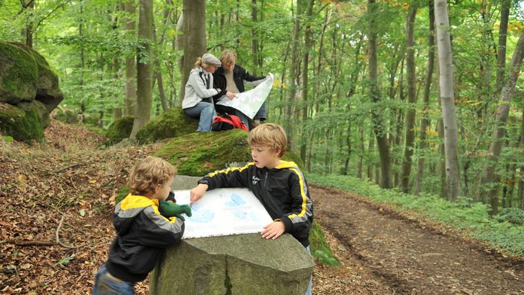Zwei Kinder betrachten eine Karte an einem Steinsäule im Wald. Im Hintergrund sitzen zwei Erwachsene und studieren eine Landkarte.