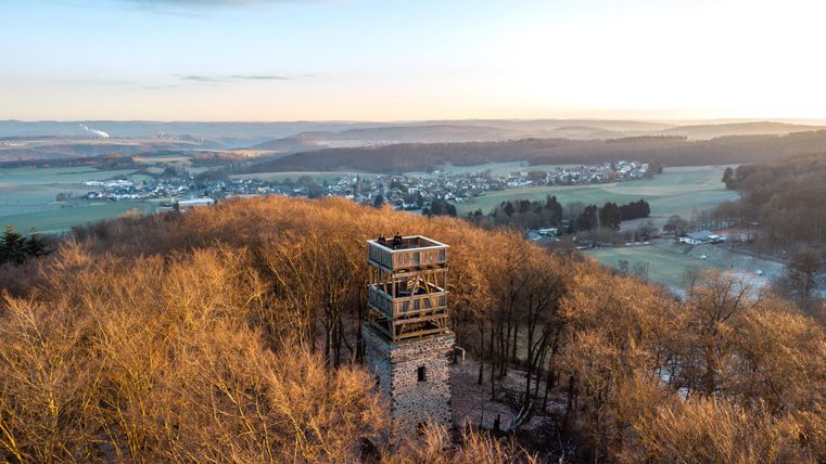 A lookout tower stands in the midst of a wooded area. In the background, gentle hills and a village can be seen.