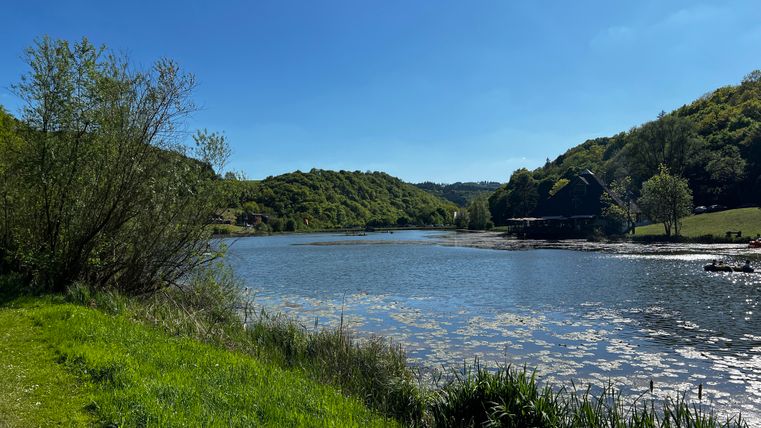 Ein ruhiger Fluss umgeben von grünen Wiesen und sanften Hügeln. Der Himmel ist klar und blau, ideal für eine entspannte Auszeit in der Natur.