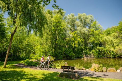 Ein schöner Park mit üppigem Grün und einem ruhigen Teich. Zwei Radfahrer genießen die Natur auf einem Gehweg.