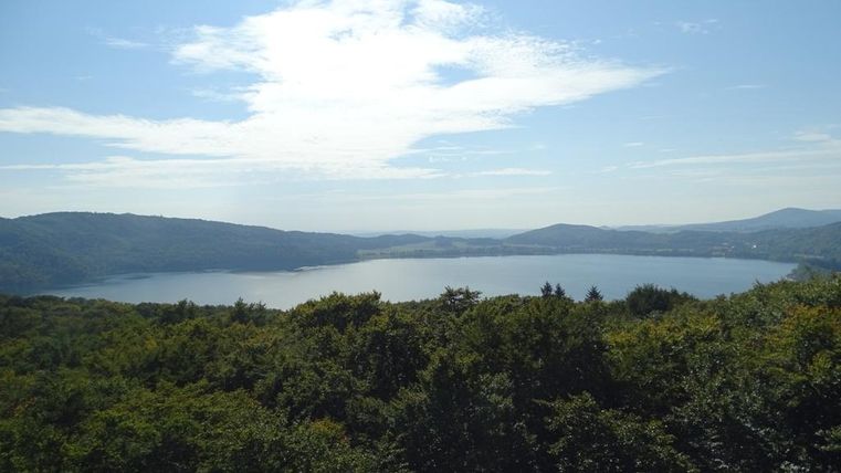 Ein schöner Blick auf einen See, umgeben von Bäumen und sanften Hügeln. Der Himmel ist klar und blau.