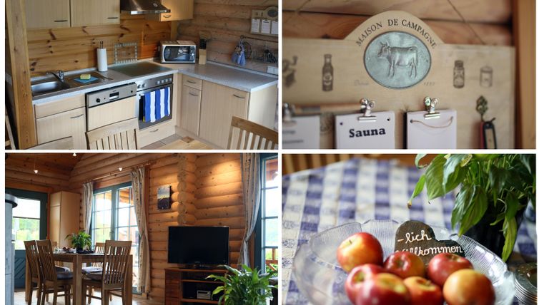 A cozy wooden apartment with modern kitchen amenities and a dining area. On the table sits a decorative bowl with apples.