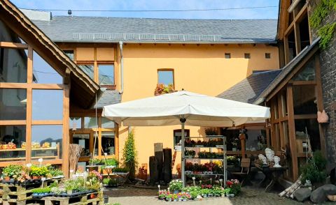 A beautifully designed garden with a sunshade and plant stands. In the background, there is a light yellow building and a blue sky.