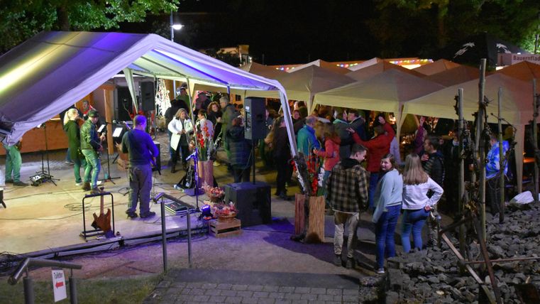 Een gezellig avondfeest met muziek en veel gasten. Kraampjes en lichtjes zorgen voor een feestelijke sfeer.
