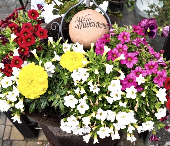 Willkommen - Bunter Blumengru&szlig; am Hoteleingang, &copy; A. Rueber
