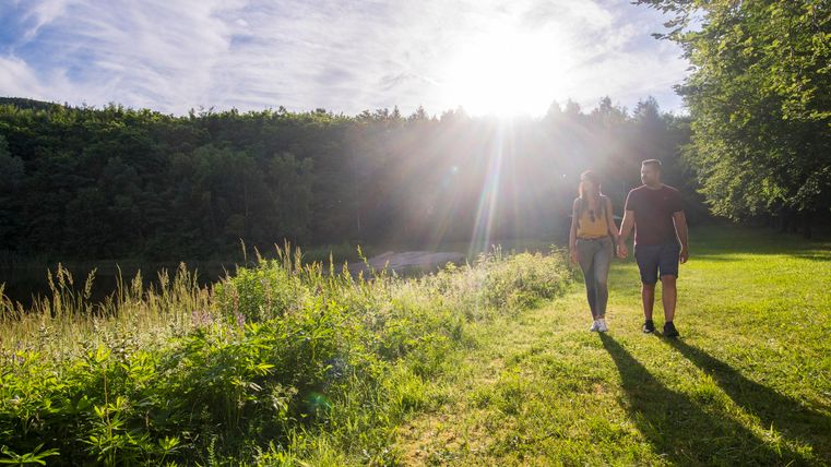 Ein Paar spaziert entlang eines bewachsenen Ufers, umgeben von Bäumen und blauem Himmel. Die Sonne scheint hell und wirft lange Schatten auf den grünen Rasen.