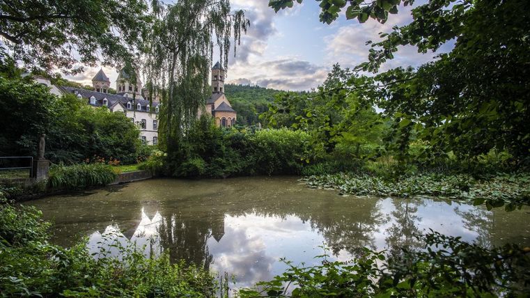 A picturesque pond surrounded by lush greenery and sparse underbrush. In the background, a building with towers and cypress trees is visible, reflected in the water.