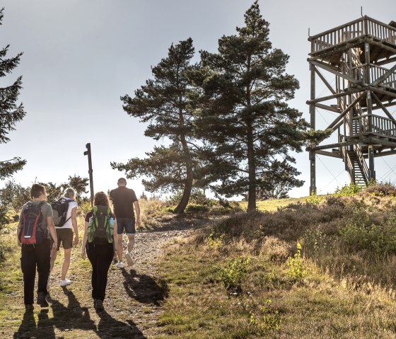 Der Aussichtsturm Weiselstein steht auf einer bewaldeten Anh&ouml;he und ragt als markantes, h&ouml;lzernes Bauwerk &uuml;ber die Baumkronen hinaus. Von seiner Plattform bietet er weite Ausblicke &uuml;ber H&uuml;gel, W&auml;lder und die vielf&auml;ltige Landschaft der Eifel., &copy; Baumann Fotografie