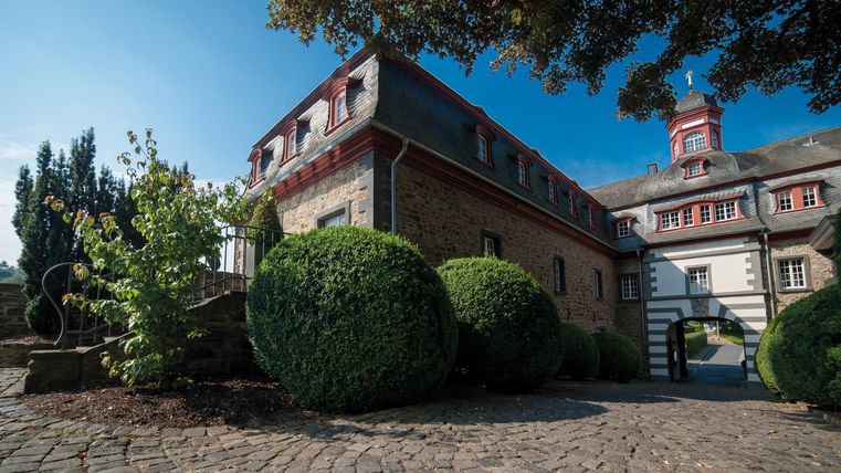 A charming building with a paved path and well-maintained green spaces. The trees and the clear sky give the scene an inviting atmosphere.