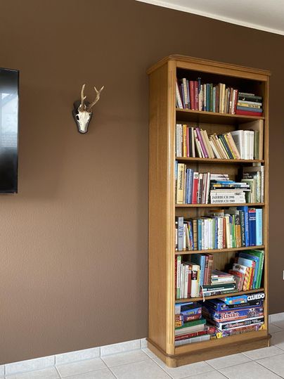 Ein Holzregal mit vielen Büchern steht an einer braunen Wand. An der Wand hängt ein Geweih und gegenüber befindet sich ein Fernseher.