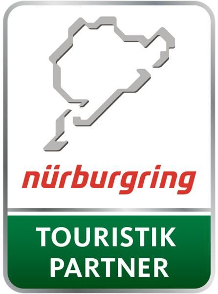 Logo of the Nürburgring with the inscription "Touristik Partner". It shows the outline of the racetrack and conveys a connection to car culture.