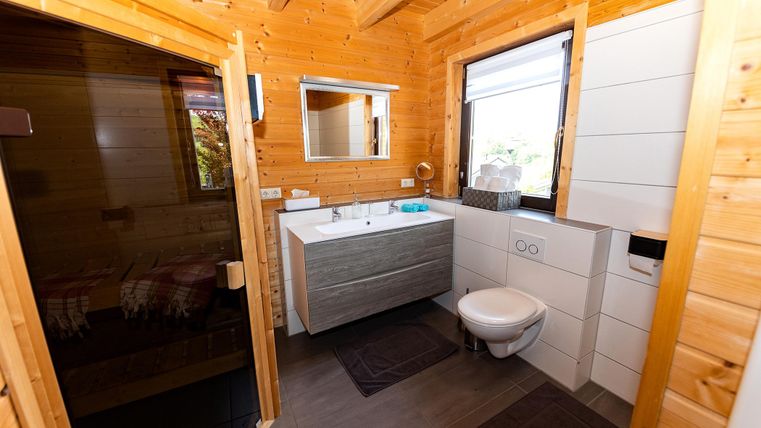 A modern bathroom with wood paneling and large windows. It is well-equipped with a sink, a toilet, and a shower.